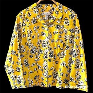 Denim Jacket Women’s size MEDIUM Yellow Black & White Floral Button Up